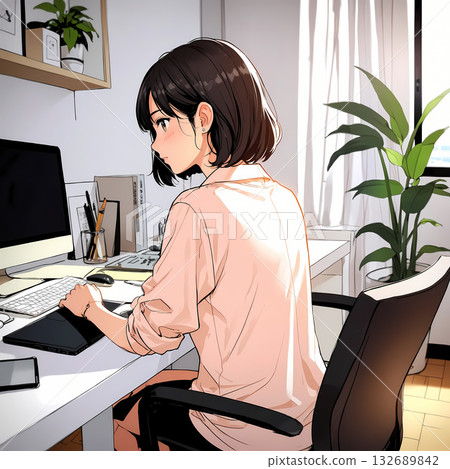 在家工作的女性(背影,動漫風格,上半身) 在家工作的女性(背影,動漫風格,上半身) 132689842