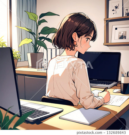 在家工作的女性（寫作，動漫風格，上半身） 132689843