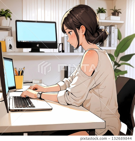 Woman working from home (computer work, anime style, upper body) Woman working from home (computer work, anime style, upper body) 132689844