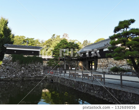 高知城的護城河和大手門,背景可以看到主城。 高知城的護城河和大手門,背景可以看到主城。 132689856