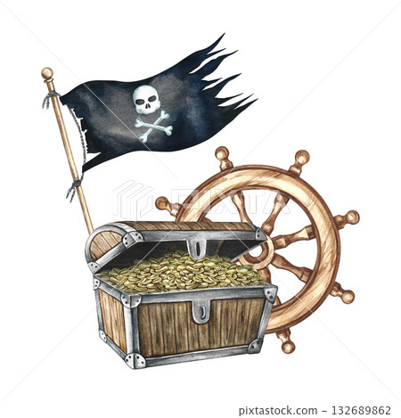 An old chest with gold coins, a pirate flag, and a ship's wheel. Hand-drawn watercolor illustrations. For children's games and celebrations. For stickers, posters, banners, packaging, and more. 132689862