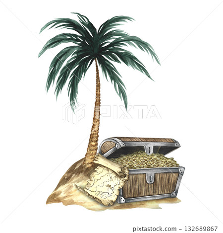 Treasure Island. Hand-drawn watercolor illustrations. Color image. Isolate. An old chest with gold coins on an island under a palm tree. For children s games, celebrations, stickers, posters, banners. Treasure Island. Hand-drawn watercolor illustrations. Color image. Isolate. An old chest with gold coins on an island under a palm tree. For children s games, celebrations, stickers, posters, banners. 132689867