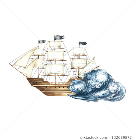 An old ship with sails on a sea wave. Hand-drawn watercolor illustrations. Color image. Isolate. For children s games and celebrations. For stickers, invitation cards, posters and banners, packaging. An old ship with sails on a sea wave. Hand-drawn watercolor illustrations. Color image. Isolate. For children s games and celebrations. For stickers, invitation cards, posters and banners, packaging. 132689872