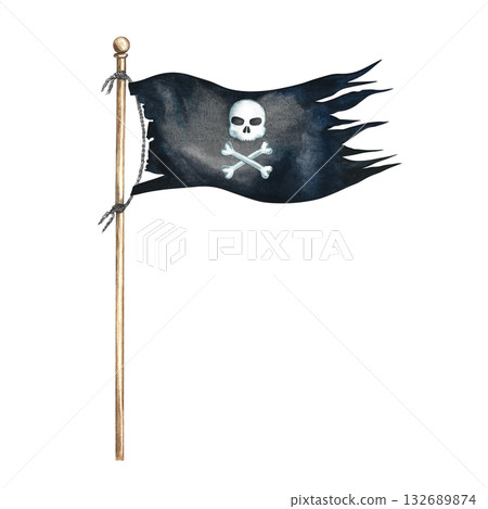 An old torn pirate flag. Hand-drawn watercolor illustrations. Color image. Isolate. For children s games and celebrations. For stickers, invitation cards, posters and banners, packaging, and more. 132689874