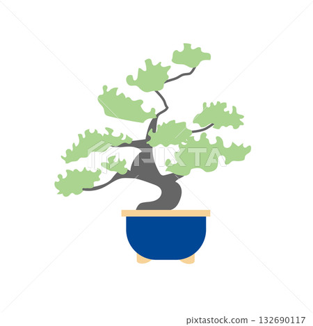Stock Illustration: Vector illustration of a bonsai planted in a blue pot 132690117