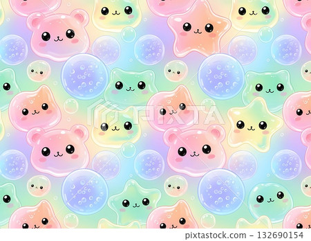 Kawaii Pastel Cartoon Pattern with Cute Bears, Cats, Stars and Bubbles on Gradient Background 132690154