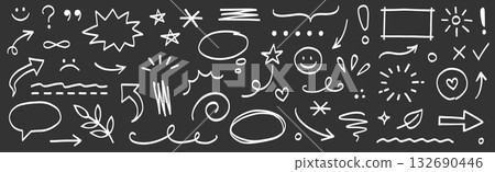 Hand line marker sketch icon set. Hand drawn marker brush stroke arrow, underline, highlight frame vector elements. Doodle sketch style arrow, smile, heart and star shapes. Vector 132690446