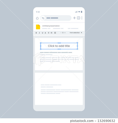 mobile presentation editor application interface showing slides with title placeholder clean UI includes toolbar visualizing mobile business presentation concept 132690632