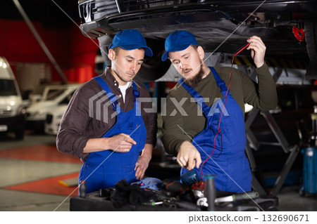 Skilled male auto mechanics in blue overalls measuring operability of automobile detail 132690671