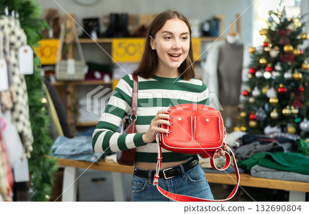 Young woman choosing handbag in clothing store Young woman choosing handbag in clothing store 132690804