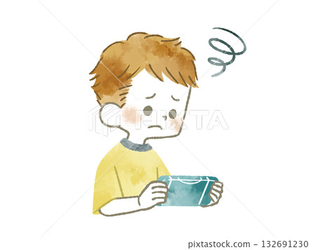 一個孩子在玩遊戲，臉上帶著憂慮的表情──水彩畫 132691230