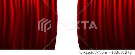 Red velvet curtains background. Open curtain wallpaper for theater stage or cinema, circus. Velvet textile room scene screen concept. Wavy fabric drapery backdrop for award, show, performance. Vector 132691273