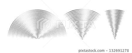 Dotted sound wave signal set. Radial radio or music audio icon collection. Rippled radar vibration element sign bundle. Black dashed curved impulse pack. Echo soundwave symbols. Vector illustration 132691278