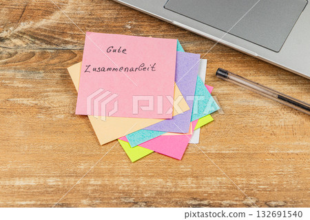 Colorful sticky notes with a message on a wooden desk near a laptop Colorful sticky notes with a message on a wooden desk near a laptop 132691540