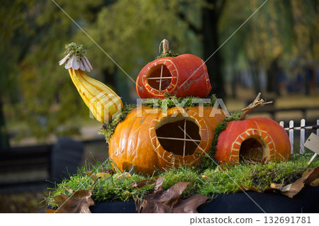 Creative pumpkin house display for autumn and Halloween decorations Creative pumpkin house display for autumn and Halloween decorations 132691781