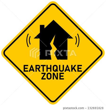 Earthquake zone icon. Earthquake warning sign with crack house symbol. Broke damage residential building area warning symbol. flat style. 132691828