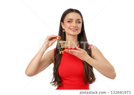 Happy woman in red enjoys Black Friday shopping, isolated, PNG Happy woman in red enjoys Black Friday shopping, isolated, PNG 132691973