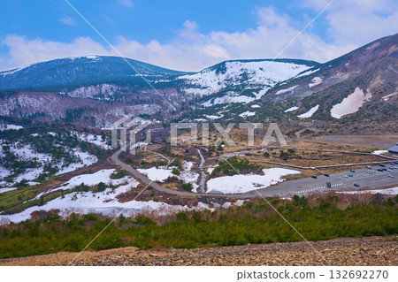 Spring view of the west side from the western ridge of Mount Azuma-Kofuji in Fukushima City, Fukushima Prefecture (including Mount Higashi-Azuma, Mount Horai, and the Jododaira Marsh). Spring view of the west side from the western ridge of Mount Azuma-Kofuji in Fukushima City, Fukushima Prefecture (including Mount Higashi-Azuma, Mount Horai, and the Jododaira Marsh). 132692270