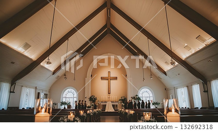 Church with a large cross in the middle of the room Church with a large cross in the middle of the room 132692318