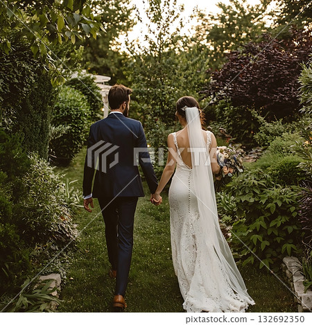 Bride and groom are walking down a path in a garden Bride and groom are walking down a path in a garden 132692350