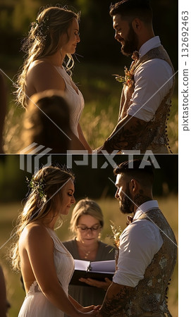 Bride and groom are getting married in a field 132692463