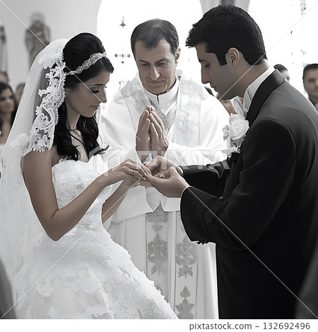 Man and woman are getting married, with a priest officiating the ceremony Man and woman are getting married, with a priest officiating the ceremony 132692496