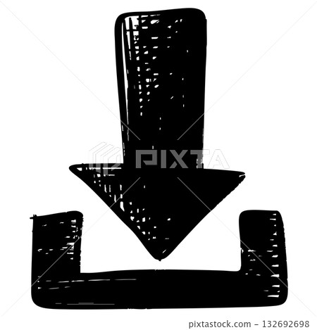 black hand drawn download arrow icon with a rough sketch style. Simple and minimalistic symbol for user interface, app button, website, infographic, and digital design projects. 132692698