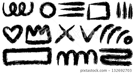 collection of hand drawn brush stroke shapes and doodle elements in black ink on white background. 132692703