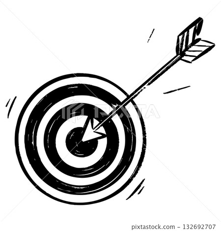 black and white hand-drawn illustration of an arrow hitting the bullseye target. Perfect for concepts of accuracy, success, goal achievement, precision, and focus. 132692707