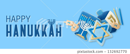 Traditional symbols of Hanukkah including menorah and dreidels 132692770