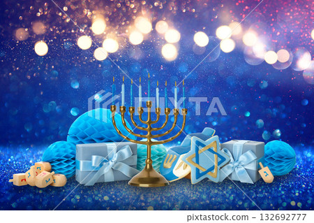 Colorful Hanukkah decorations with a menorah and dreidels Colorful Hanukkah decorations with a menorah and dreidels 132692777