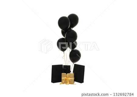 Black balloons rise above a golden gift box, isolated, PNG Black balloons rise above a golden gift box, isolated, PNG 132692784