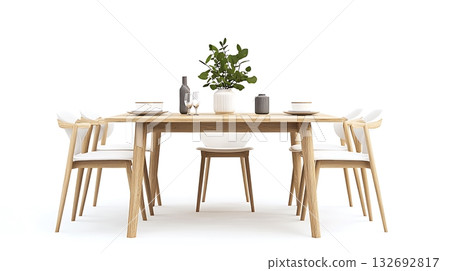 A wooden dining table with six chairs around it and a potted plant in the middle A wooden dining table with six chairs around it and a potted plant in the middle 132692817