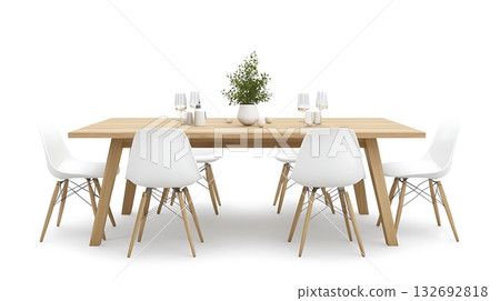 A long wooden table with six white chairs around it 132692818