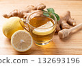 Lemon and ginger tea in cup glass with mint leaf, Healthy hot drink 132693196
