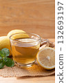 Lemon and ginger tea in cup glass with mint leaf, Healthy hot drink 132693197