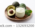 Avocado smoothie with milk in glass and avocado fruit on white background, Healthy drink 132693200