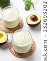 Avocado smoothie with milk in glass and avocado fruit on white background, Healthy drink 132693202