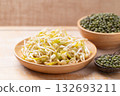 Mung bean sprouts and seeds on wooden background, Food ingredient in Asian cuisine 132693211