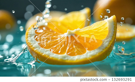 Macro shot of vibrant orange and lemon slices splashing in clear water, droplets suspended. 132693291