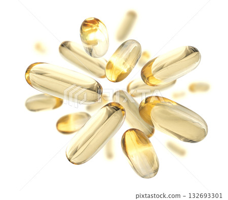 Yellow capsules levitate on a white background Yellow capsules levitate on a white background 132693301