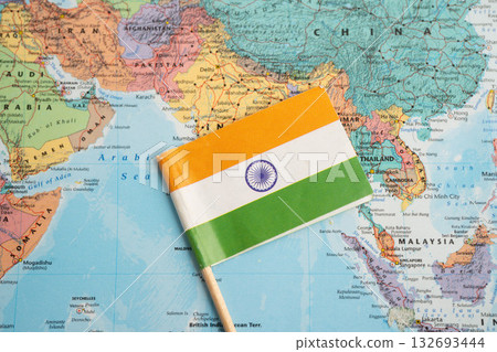 Bangkok, Thailand  November, 2024 India flag on world map. 132693444