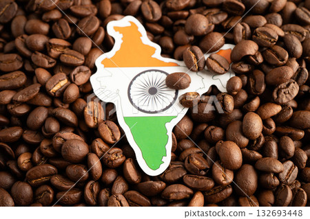 India flag on coffee beans, shopping online for export or import food product. India flag on coffee beans, shopping online for export or import food product. 132693448