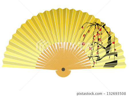 Golden fan with plum blossom pattern 132693508