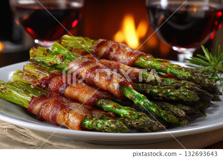 Bacon wrapped asparagus served with red wine by a cozy fire Bacon wrapped asparagus served with red wine by a cozy fire 132693643
