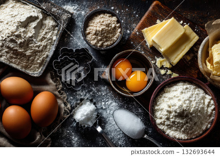 Baking ingredients prepare for sweet treats in a cozy kitchen 132693644