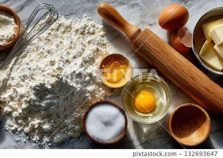 Baking ingredients on a marble countertop with wooden tools and bowls Baking ingredients on a marble countertop with wooden tools and bowls 132693647