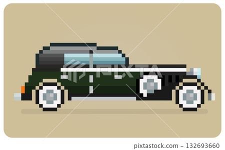 8 bit pixel classic cars. Vector illustration of vintage car cross stitch pattern. 132693660