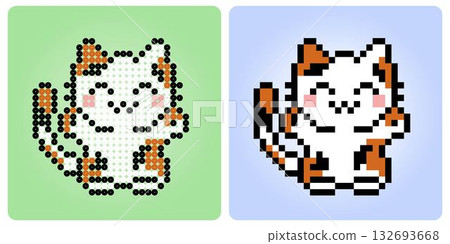 8 bit Pixel, happy cat. Animals for game assets and beads pattern in vector illustrations. 132693668