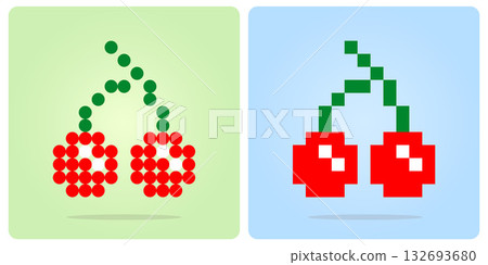 Pixel 8 bit cherry. Pixel fruits for game assets and bead patterns in vector illustrations. Pixel 8 bit cherry. Pixel fruits for game assets and bead patterns in vector illustrations. 132693680